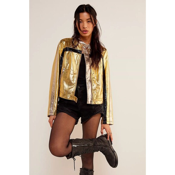 Free People Fast Lane Metallic Moto Jacket M - Picture 1 of 8